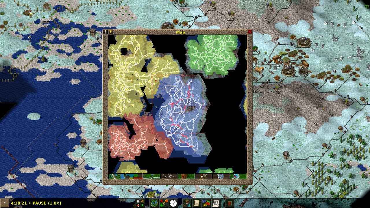 A map of four differently coloured territories, each with only visible paths criss-crossing them in Widelands.